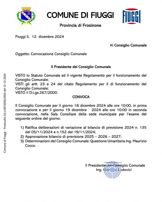 CONVOCATO IL CONSIGLIO COMUNALE DI FIUGGI PER MERCOLEDÌ 18 DICEMBRE, ORE 10.00 IN DIRETTA SUI CANALI DI RADIO CENTRO FIUGGI